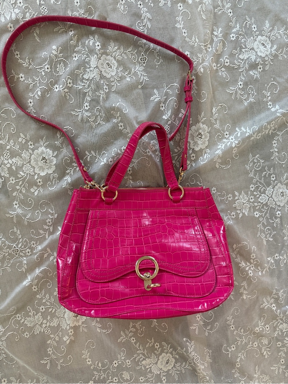Liu Jo Hot Pink Croc-Embossed Top Handle Crossbody Bag